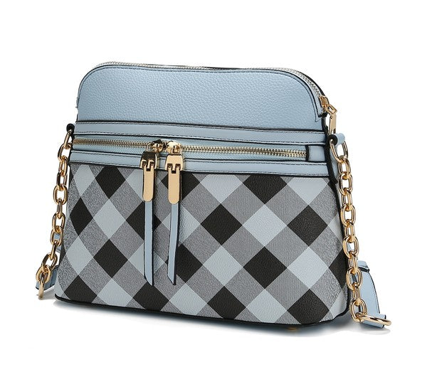 Checkered crossbody bag with light blue top panel and gold chain shoulder strap