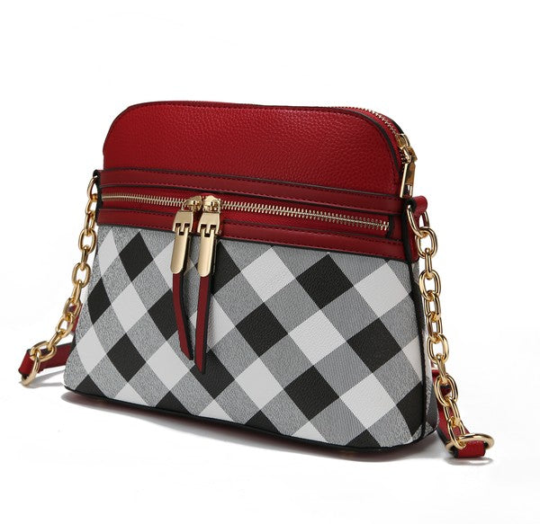 Checkered crossbody bag with red top panel and gold chain strap