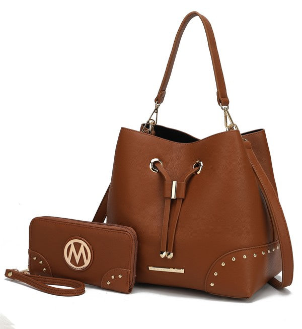 Cognac brown bucket bag with studded trim, drawstring closure, includes matching wristlet