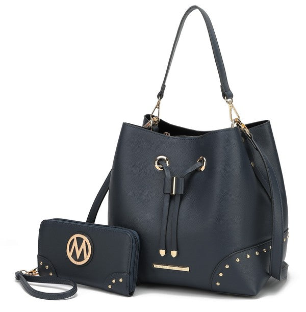 Navy blue bucket bag with studded trim, drawstring closure, includes matching wristlet