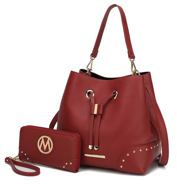 Wine red bucket bag with drawstring top and gold studs, paired wristlet pouch