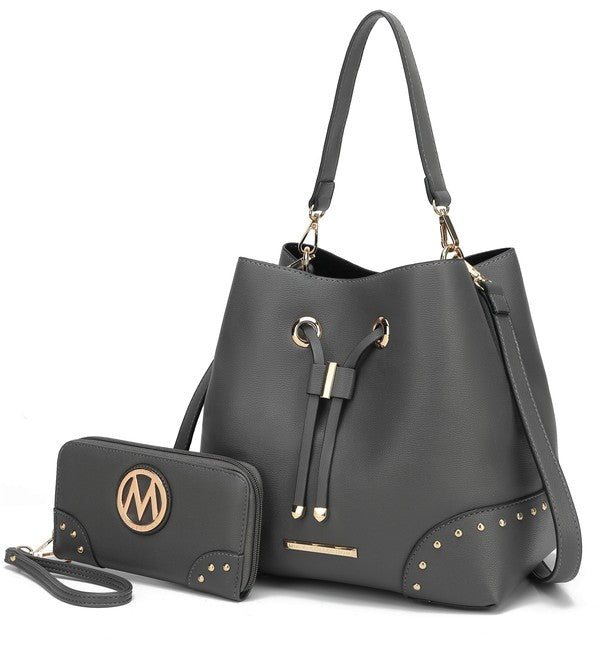 Charcoal gray bucket bag with studded trim, drawstring closure, includes matching wristlet