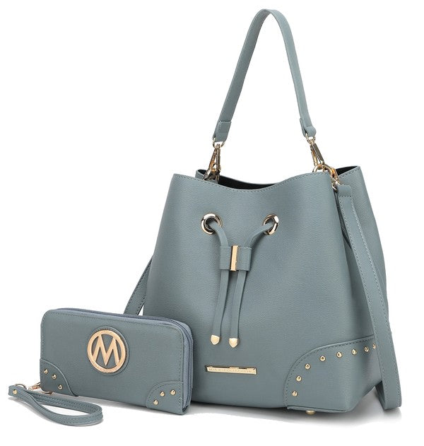 Denim blue bucket bag with studded trim, drawstring closure, includes matching wristlet