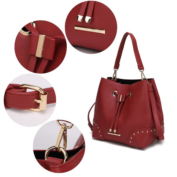 Wine red Bella bucket bag close-up of drawstring eyelets and gold hardware details