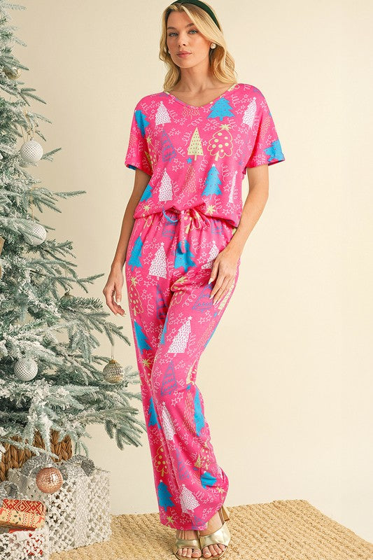 Christmas Tree Print Tee and Pants Lounge Set - Tigbul's Variety Fashion Shop