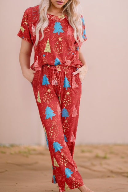 Christmas Tree Print Tee and Pants Lounge Set - Tigbul's Variety Fashion Shop