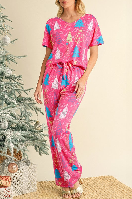 Christmas Tree Print Tee and Pants Lounge Set - Tigbul's Variety Fashion Shop