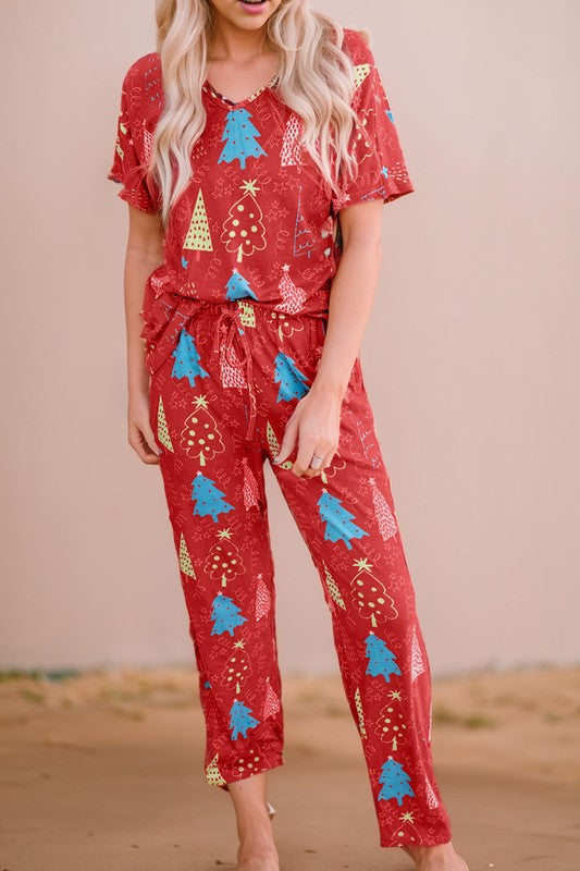 Christmas Tree Print Tee and Pants Lounge Set - Tigbul's Variety Fashion Shop