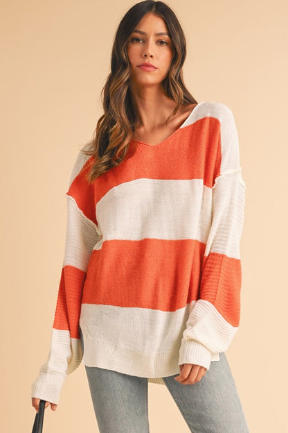 Colorblock V Neck Side Slits Sweater - Tigbul's Variety Fashion Shop