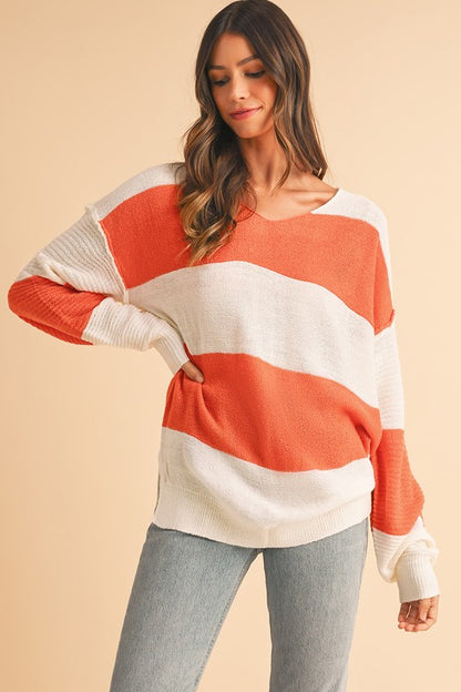 Colorblock V Neck Side Slits Sweater - Tigbul's Variety Fashion Shop