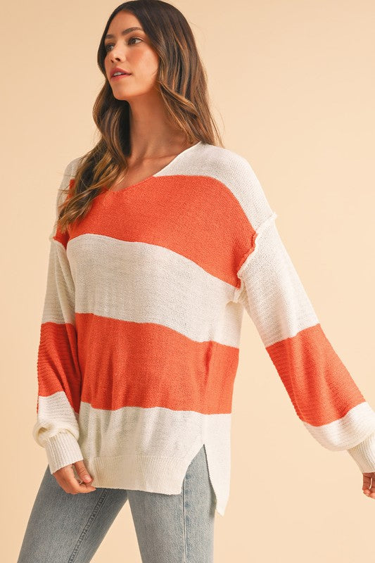 Colorblock V Neck Side Slits Sweater - Tigbul's Variety Fashion Shop