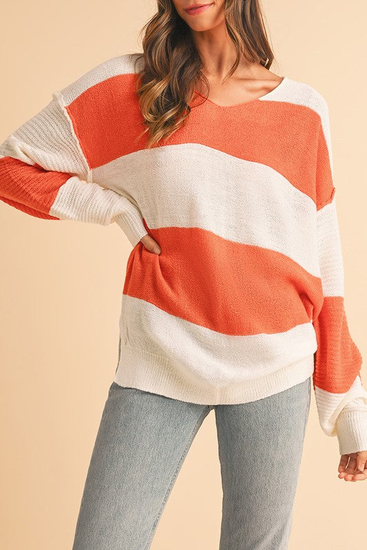 Colorblock V Neck Side Slits Sweater - Tigbul's Variety Fashion Shop