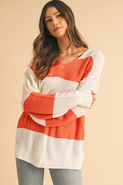 Colorblock V Neck Side Slits Sweater - Tigbul's Variety Fashion Shop