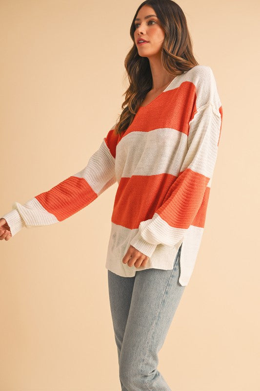 Colorblock V Neck Side Slits Sweater - Tigbul's Variety Fashion Shop