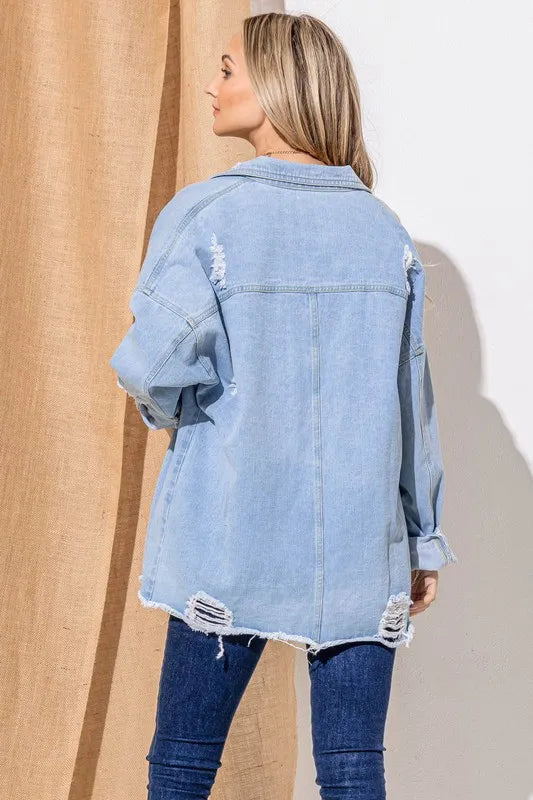 Button Front Flap Pocket Ripped Denim Jacket - Tigbul's Variety Fashion Shop