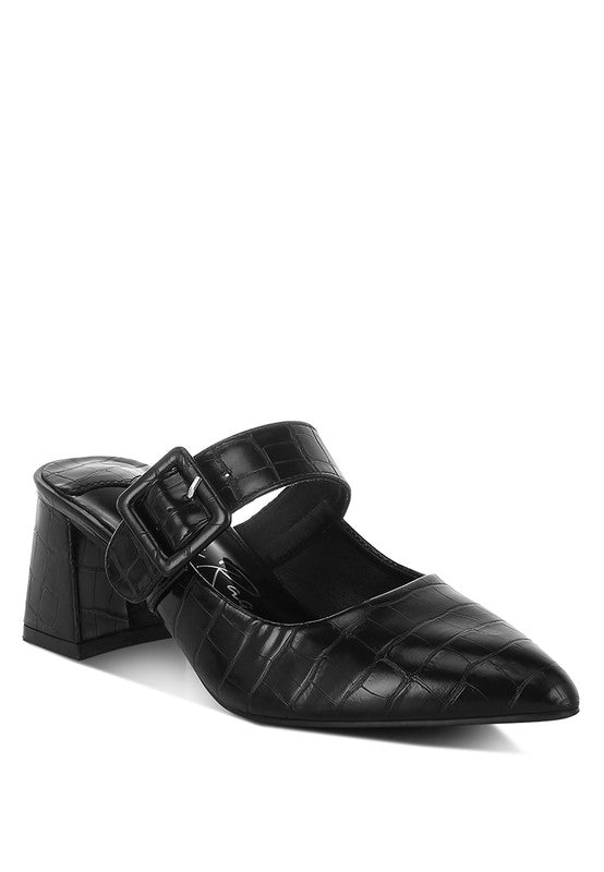 Black croc-texture mules with square buckle strap and chunky block heel, 3/4 view