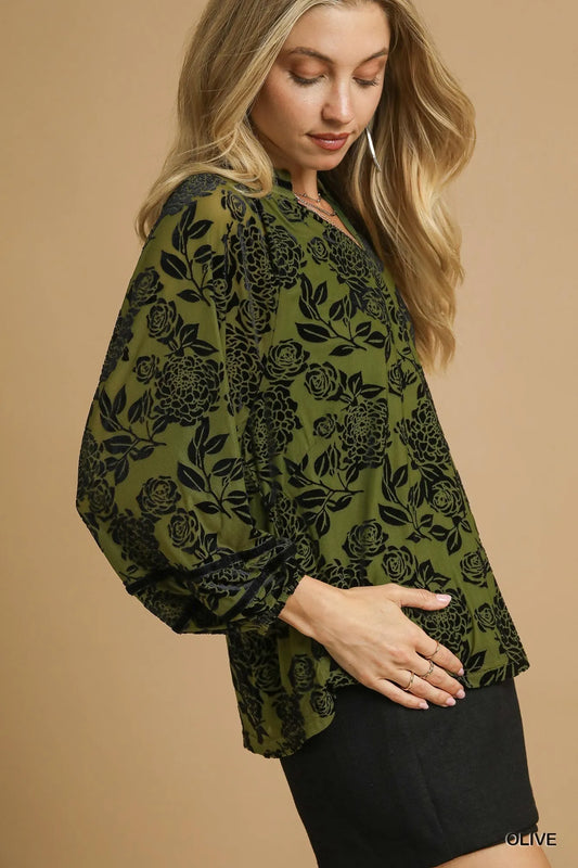Umgee Full Size Floral Velvet Blouse with Balloon Sleeves Plus Size - Tigbul's Variety Fashion Shop