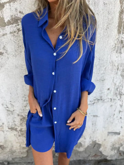 Pocketed Collared Neck Shirt and Shorts Set - Tigbul's Variety Fashion Shop