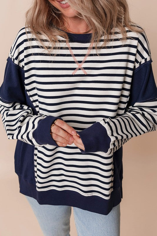 Stripe Patchwork Exposed Seam Loose Fit Sweatshirt - Tigbul's Variety Fashion Shop