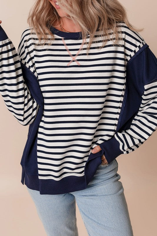 Stripe Patchwork Exposed Seam Loose Fit Sweatshirt - Tigbul's Variety Fashion Shop