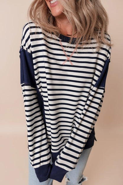 Stripe Patchwork Exposed Seam Loose Fit Sweatshirt - Tigbul's Variety Fashion Shop