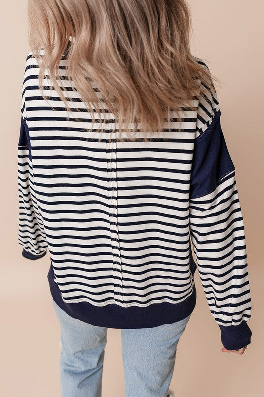 Stripe Patchwork Exposed Seam Loose Fit Sweatshirt - Tigbul's Variety Fashion Shop