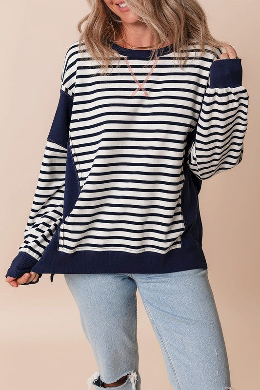 Stripe Patchwork Exposed Seam Loose Fit Sweatshirt - Tigbul's Variety Fashion Shop