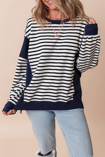 Stripe Patchwork Exposed Seam Loose Fit Sweatshirt - Tigbul's Variety Fashion Shop