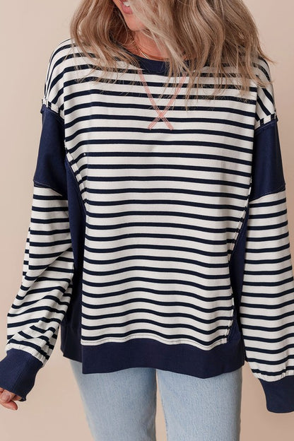 Stripe Patchwork Exposed Seam Loose Fit Sweatshirt - Tigbul's Variety Fashion Shop