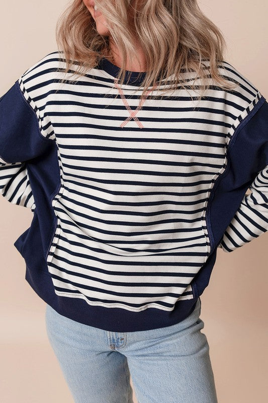 Stripe Patchwork Exposed Seam Loose Fit Sweatshirt - Tigbul's Variety Fashion Shop