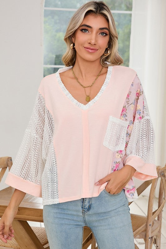 Floral Crochet Patchwork Batwing Sleeve Blouse - Tigbul's Variety Fashion Shop