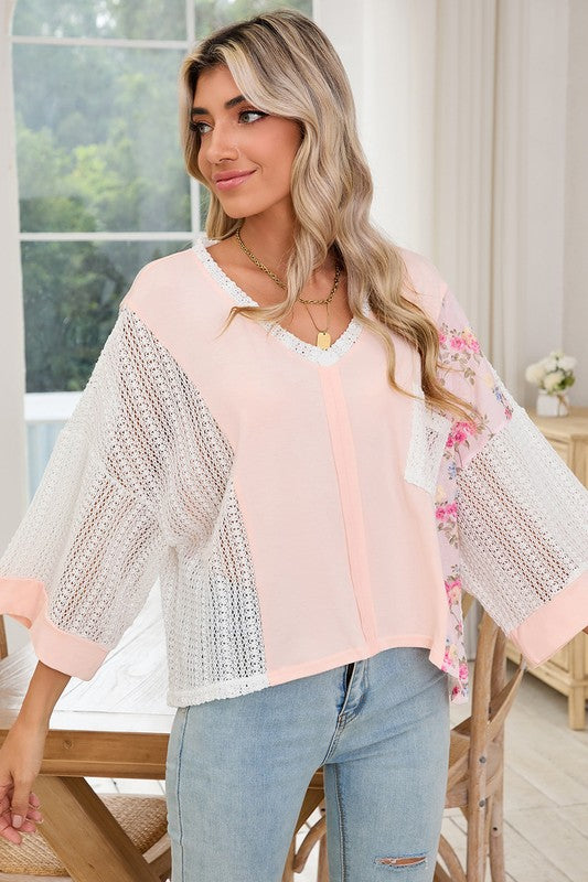 Floral Crochet Patchwork Batwing Sleeve Blouse - Tigbul's Variety Fashion Shop