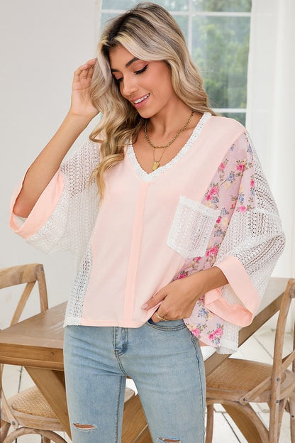 Floral Crochet Patchwork Batwing Sleeve Blouse - Tigbul's Variety Fashion Shop