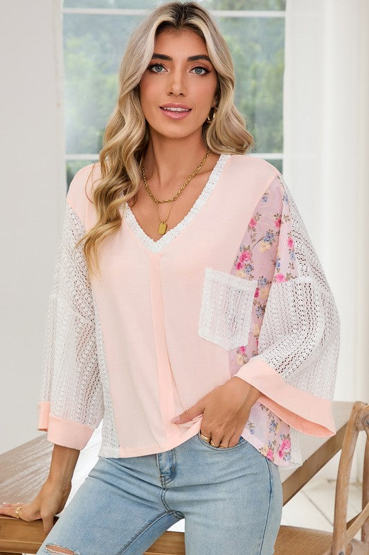 Floral Crochet Patchwork Batwing Sleeve Blouse - Tigbul's Variety Fashion Shop