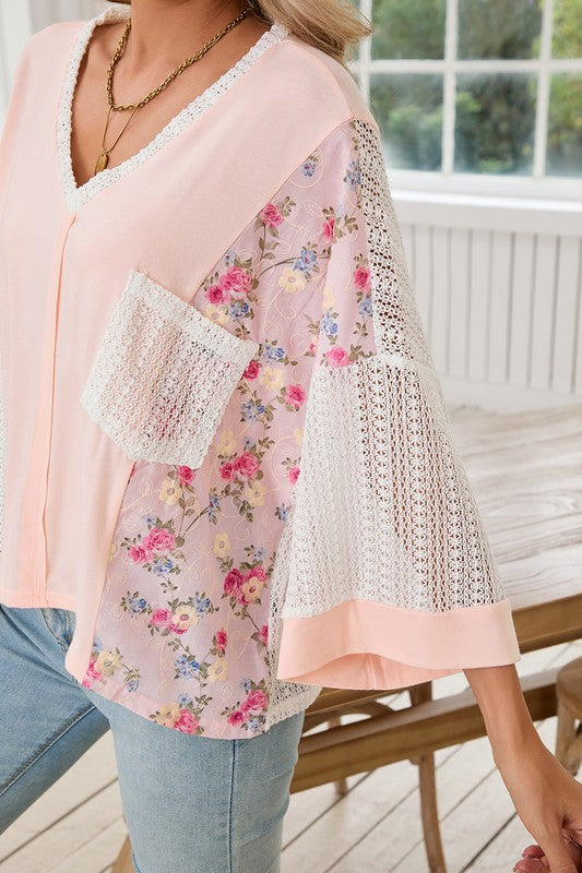 Floral Crochet Patchwork Batwing Sleeve Blouse - Tigbul's Variety Fashion Shop