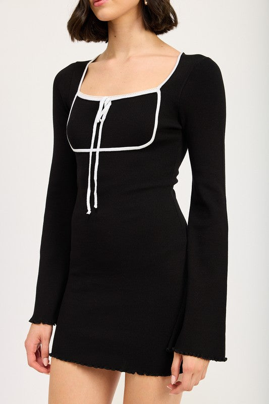 LETTUCE HEM MINI DRESS WITH FRONT TIE - Tigbul's Variety Fashion Shop