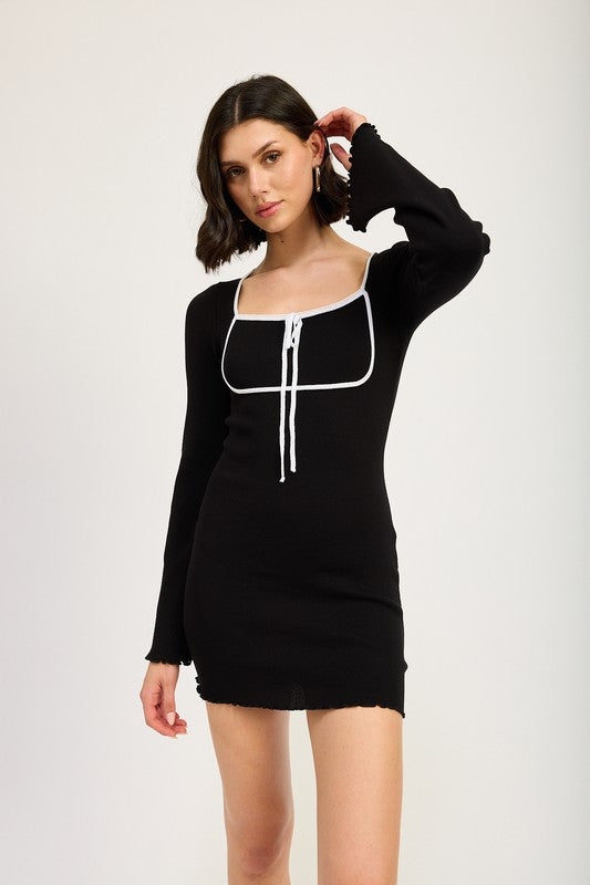LETTUCE HEM MINI DRESS WITH FRONT TIE - Tigbul's Variety Fashion Shop