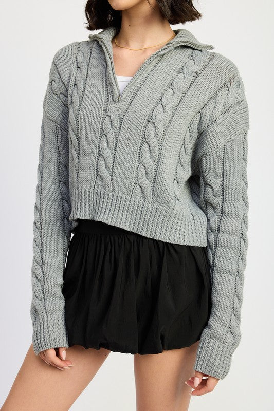 CABLE KNIT SWEATER WITH HALF ZIP - Tigbul's Variety Fashion Shop