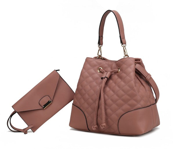 Mauve Wendy bucket bag with drawstring top and matching wristlet in set