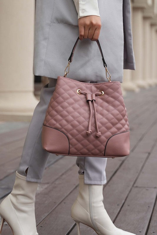Mia K Wendy bucket bag in mauve with drawstring and gold-tone top handles