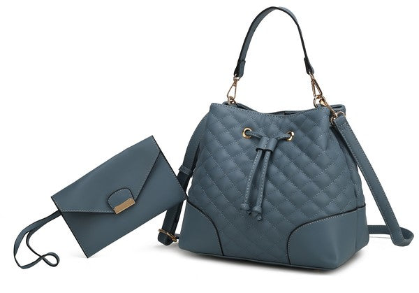 Denim Wendy bucket bag set with quilted finish and matching wristlet