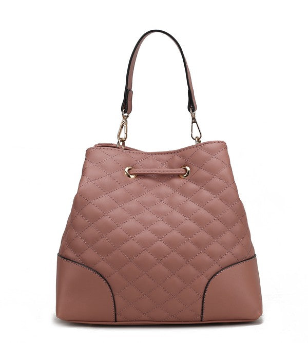 Mauve Wendy bucket bag front view with drawstring and short top handles