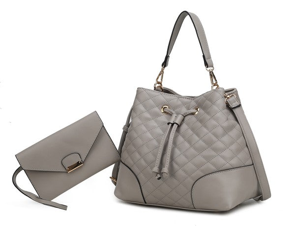 Grey Wendy bucket bag with quilted pattern and matching wristlet