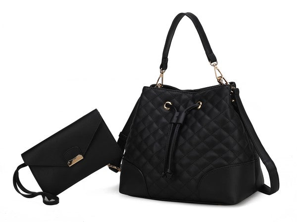 Black Wendy bucket bag set with quilted texture and matching wristlet