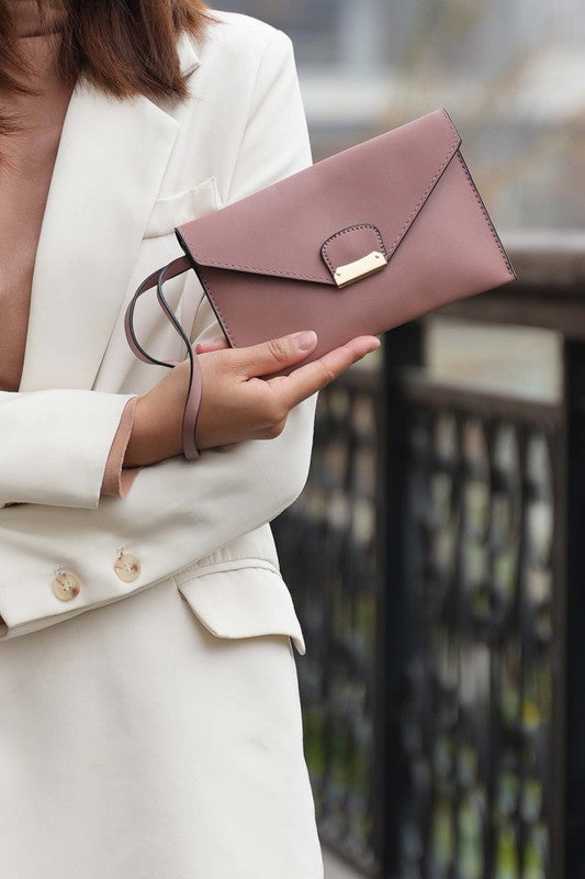 Wendy wristlet clutch in mauve with flap and gold-tone lock
