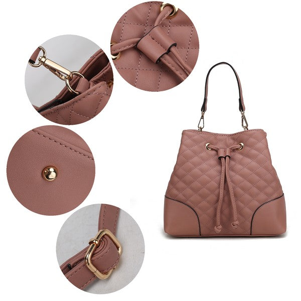 Mauve Wendy bag details with quilted sides, drawstring, and gold-tone hardware