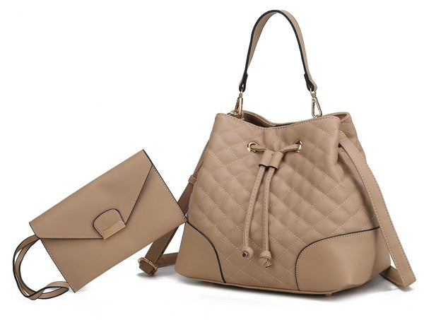 Taupe Wendy bucket bag with quilted pattern and matching wristlet