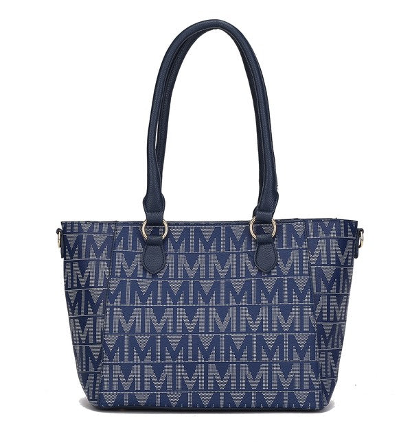 Dunkelblauer Monogramm-Shopper mit breitem Boden, Schulterriemen und goldfarbener Hardware