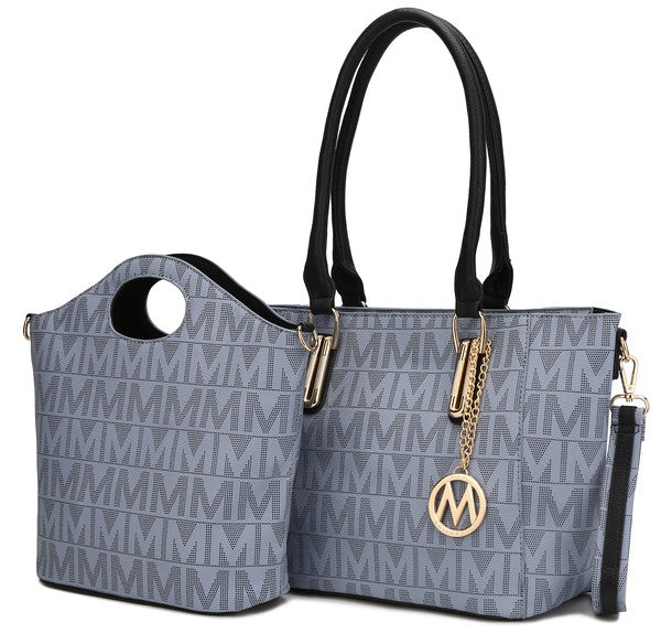 Hellblau-graues Monogramm-Tote-Set mit schwarzen Tragegriffen und goldfarbener Hardware