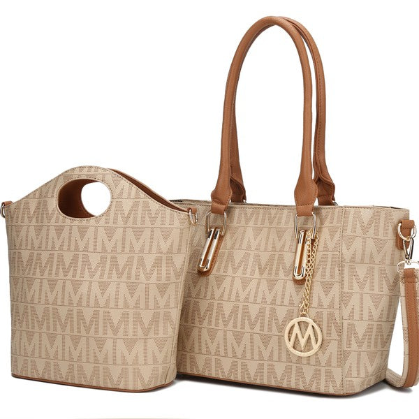 Beige tote and mini bucket pouch set with tan handles and circular logo charm